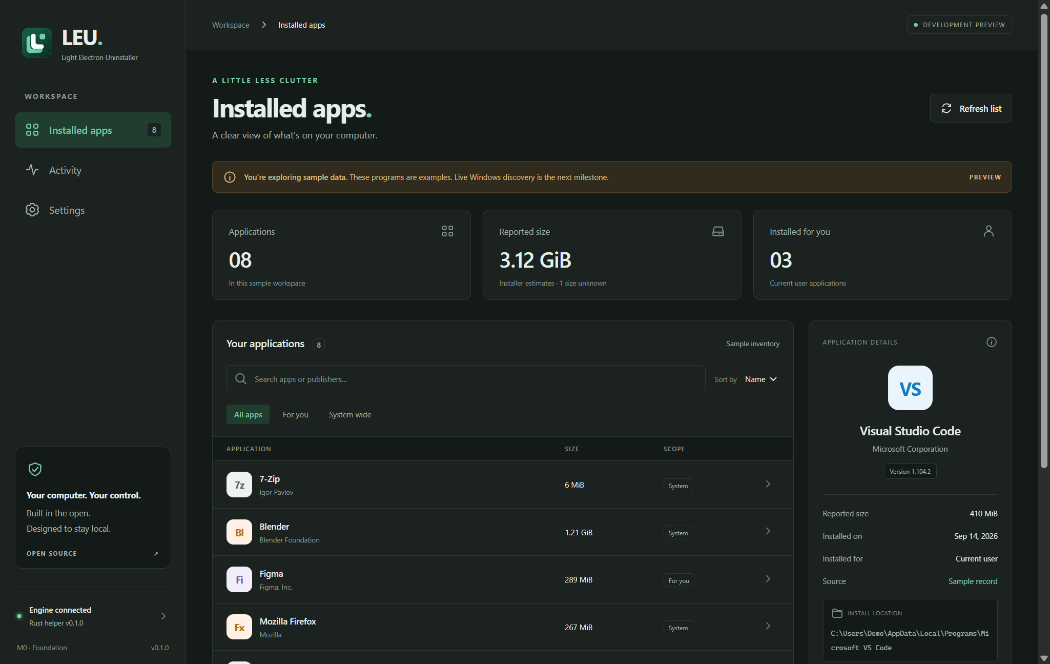 LEU's dark Installed apps screen: sidebar navigation, sample inventory, search and filters, application details, and a connected local helper.