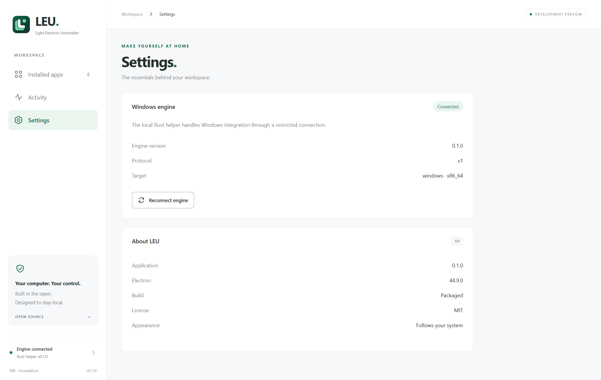 LEU's light Settings screen with a connected Windows helper, application information, and system appearance setting.